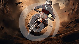 Motocross, enduro rider accelerating in dirt track with debris flying away Generative AI