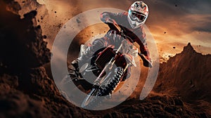 Motocross, enduro rider accelerating in dirt track with debris flying away Generative AI