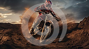Motocross, enduro rider accelerating in dirt track with debris flying away Generative AI