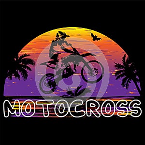Motocross illustration. guy on a motorcycle, palm trees and grunge texture