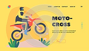 Motocross Landing Page Template. Man Motorcycle Rider Extreme Activity, Competition. Speed Racing Rally, Biker Character