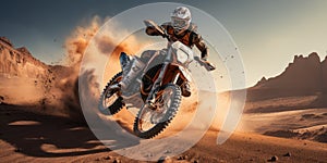 A motorcycle racer rides along a sandy road in the desert. Generative AI