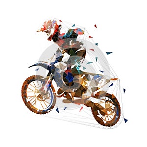 Motocross race, rider on motorbike, isolated low poly vector illustration