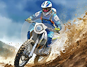 A motocross rider in blue gear, white helmet, rides a blue bike, kicking up dirt under a clear sky. Action-packed