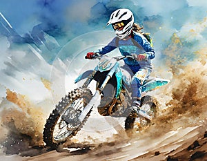 A motocross rider in blue gear, white helmet, rides a blue bike, kicking up dirt under a clear sky. Action-packed