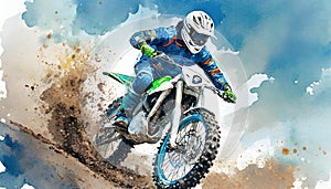 A motocross rider in blue gear, white helmet, rides a blue bike, kicking up dirt under a clear sky. Action-packed