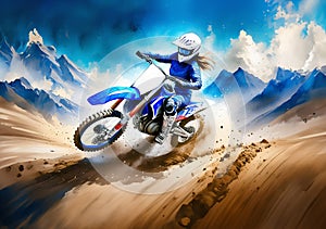 A motocross rider in blue gear, white helmet, rides a blue bike, kicking up dirt under a clear sky. Action-packed