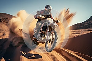 Motocross rider on a desert race, extreme sport, rear view