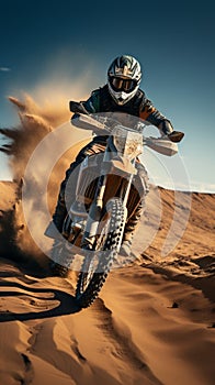 Motocross rider on a desert race, extreme sport, rear view