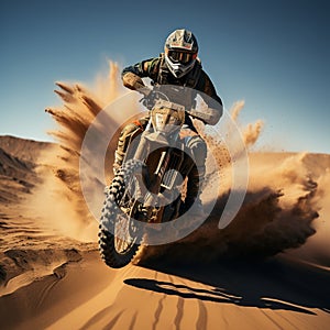 Motocross rider on a desert race, extreme sport, rear view