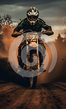 Motocross rider on a dirt road,  Grunge background