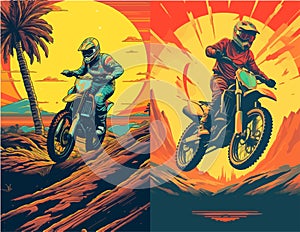 Motocross rider drive on roads full of dirt and mud Vector poster