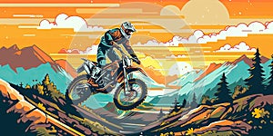 Racer on a motorcycle does a stunt jump. Supercross, motocross, high speed. Sports concept. Digital art. comic book style AI photo