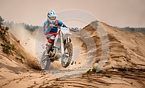 A motocross rider in mid-air, performing a daring jump on a dirt bike amidst a cloud of dust over a rugged terrain photo