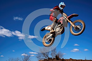 a motocross rider mid-jump against a clear blue sky