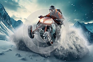 Motocross rider on the piste. Extreme motorcycle race, Extreme rider jumping with a snowmobile on the snow, face covered with a