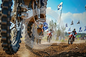 Motocross rider riding on dirt track closeup tyre Generative AI