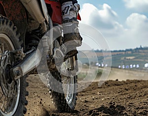 Motocross rider riding on dirt track closeup tyre Generative AI