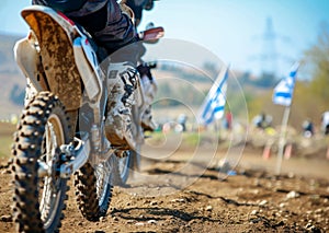 Motocross rider riding on dirt track closeup tyre Generative AI