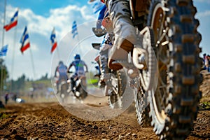 Motocross rider riding on dirt track closeup tyre Generative AI