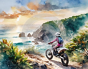 A motocross rider at sunset by the ocean, on a rocky path surrounded by greenery, in a moment of serene adventure