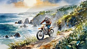 A motocross rider at sunset by the ocean, on a rocky path surrounded by greenery, in a moment of serene adventure