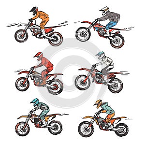 Motocross riders illustrated various dynamic poses riding dirt bikes, offroad motorcycle sport