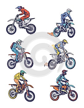 Motocross riders performing jumps tricks dirt bikes, rider wears colorful protective gear helmets