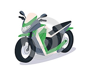 Motocycle, road motor transport. Eco-friendly electric motorbike, perspective view. Modern moto bike, wheeled vehicle