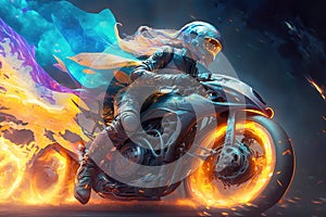 Motor bike on fire, speed concept, illustration generated by AI