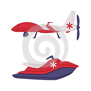 Motor Boat and Aircraft as Ambulance Emergency Rescue Service Vehicle and Medical Care Transport Vector Set