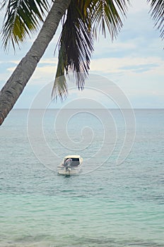 A small motor boat anchored in shallow tropical waters.