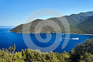 Motor boat in the bay of the Ionian Sea a on the island of Kefalonia