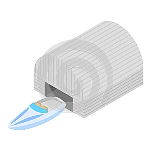 Motor boat icon isometric vector. New white modern speedboat near pavilion icon