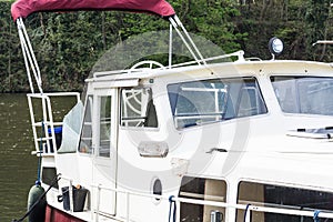 Motor boat in a marina.