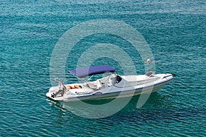 Motor boat with people in Rhodes, Aegean, Greece