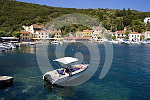 Motor boat in the port of Ithaca, Greece