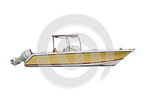 Motor boat with sun awning isolated on white background