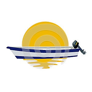 Motor boat on yellow sun background with glares in sea water relax meditation concept