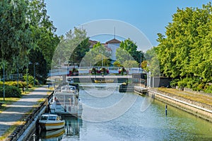 Motor boats moored along embankment of Kyrksundet fin. Kirkkosalmi; en. Church Strait in Pargas Parainen in Finnish, Turku