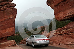 Motor car in mountains