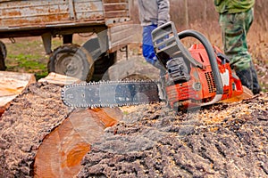 Motor chainsaw placed on fresh sawn trunk, log of wood on ground