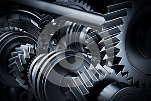 Motor, engine close-up. Gears, cogwheels, real engine elements