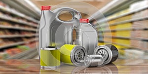 Motor fuel and oil filters and engine oil canisters, blur storage background. 3d illustration