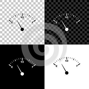 Motor gas gauge icon isolated on black, white and transparent background. Empty fuel meter. Full tank indication. Vector