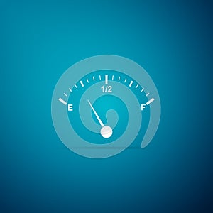 Motor gas gauge icon isolated on blue background. Empty fuel meter. Full tank indication. Flat design. Vector