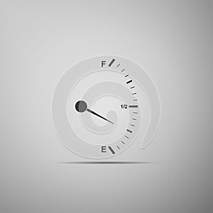 Motor gas gauge icon isolated on grey background. Empty fuel meter. Full tank indication