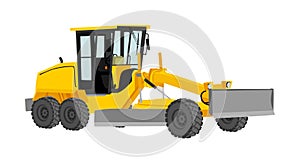 Motor grader. Road grader vector illustration isolated on white. Earth moving machine. Leveling ground on construction site.