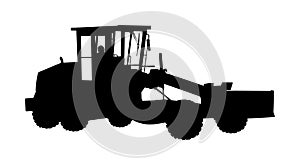 Motor grader. Road grader vector silhouette isolated on white. Earth moving machine. Leveling ground on construction site. Asphalt