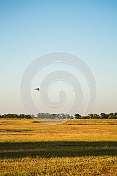 Motor hang glider with passengers flying over aerodrome in clear blue sky